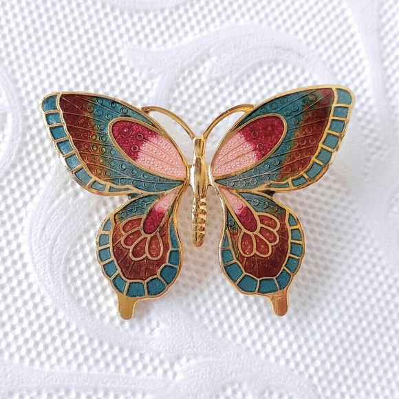 VINTAGE Cloisonne Butterfly Brooch-Pin-Turquoise - Picture 2 of 4